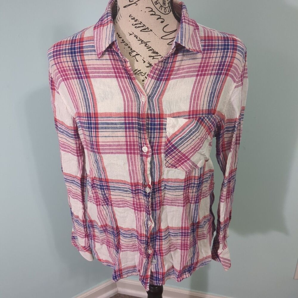RAILS Charli Shirt Top small Linen Rayon Plaid White Fuschia Blue Peach Button-d